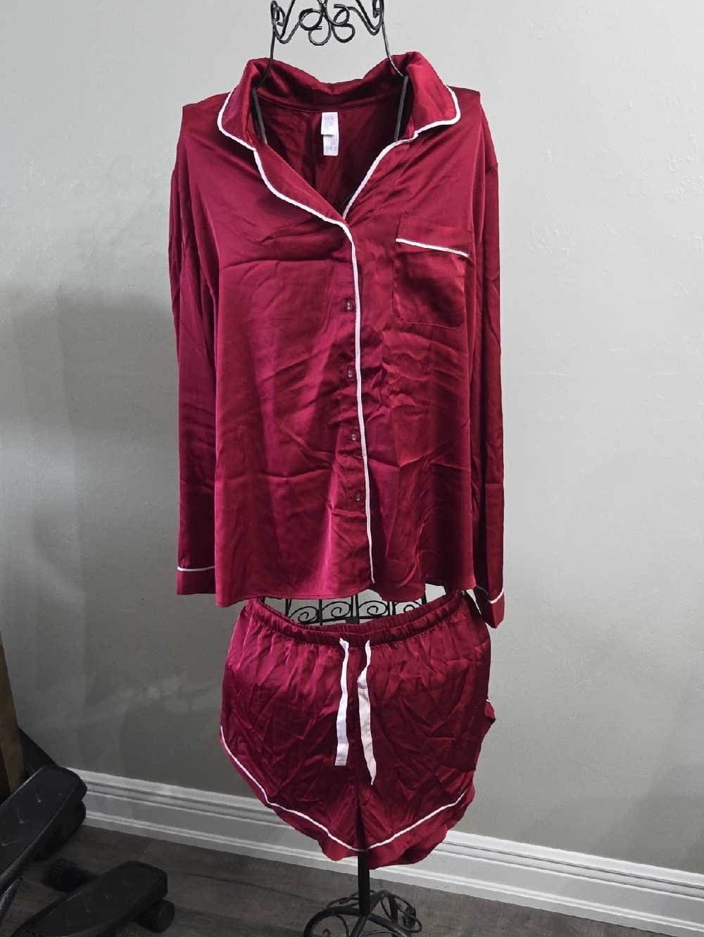 stars above Burgundy Satin Pajama Set with White Trim